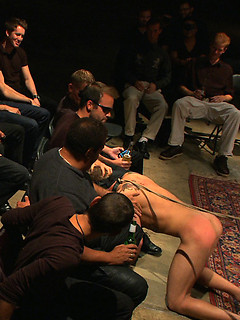 Trent Diesel gets tied up, receives cocks and bukake in all directions, and loving it.