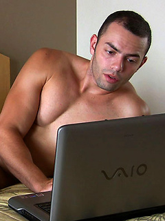 Short haired Latino Thiago watches porn and strokes himself until he cums